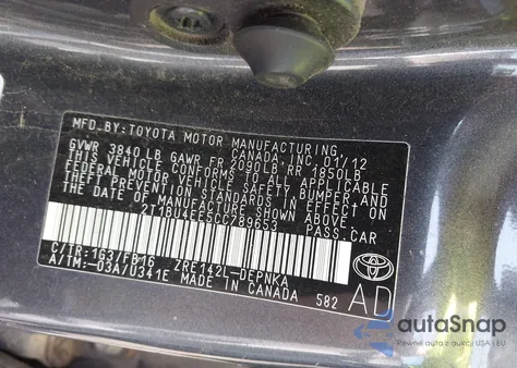 2012 Toyota Corolla Le from USA, damaged, VIN 2T1BU4EE5CC789653